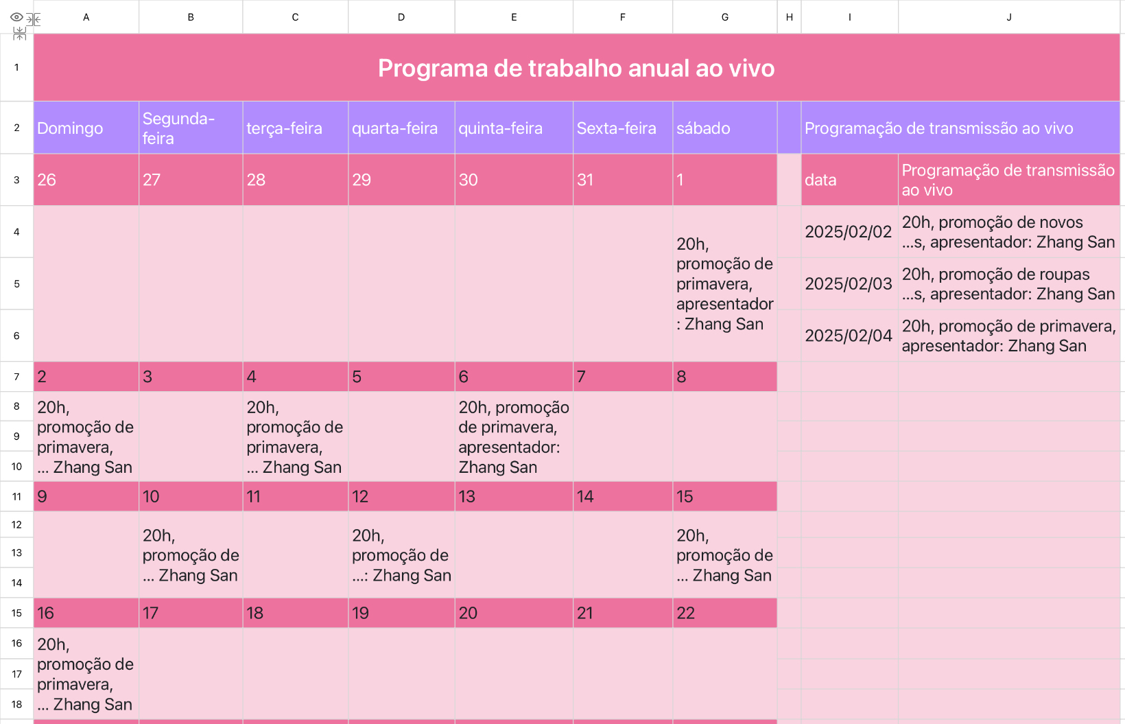 Programa de trabalho anual ao vivo